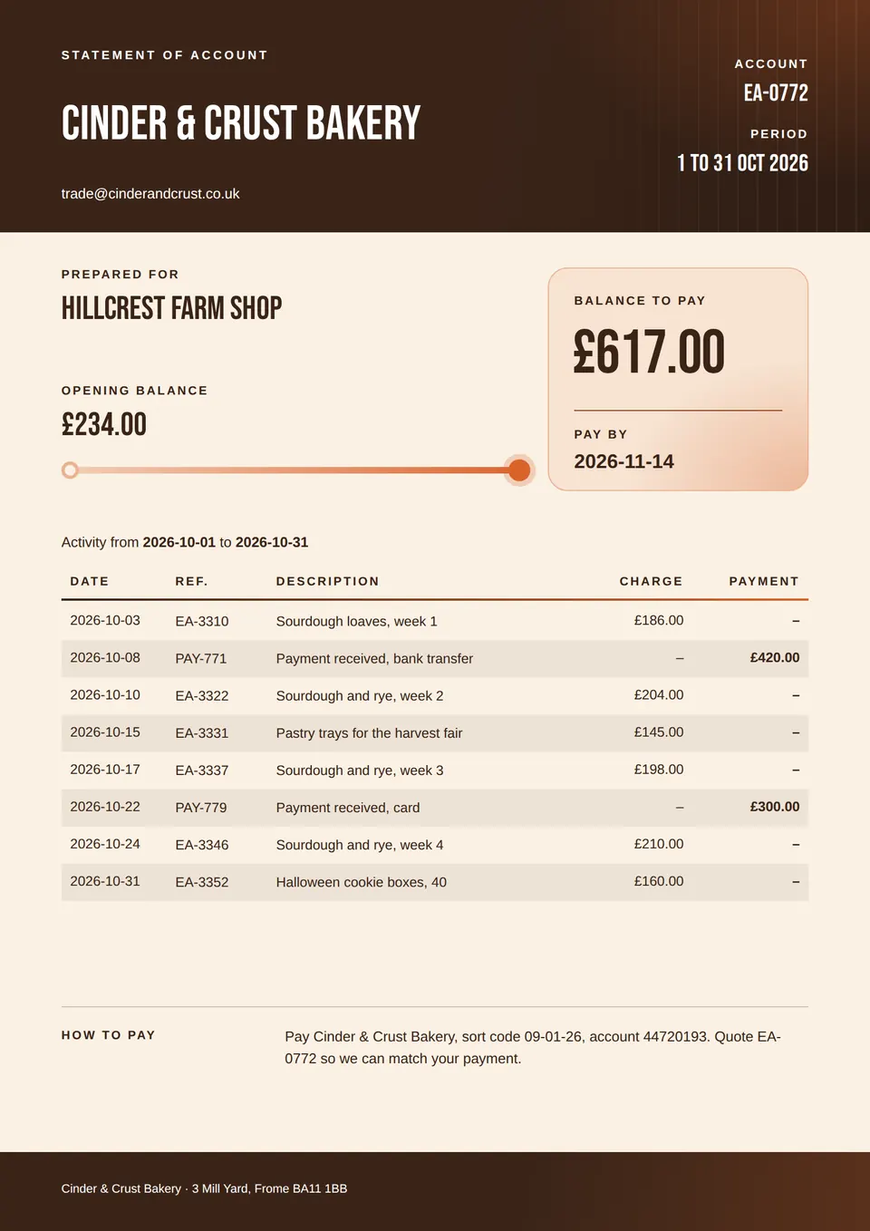 The Account statement design made for a second business, with its own details and brand.