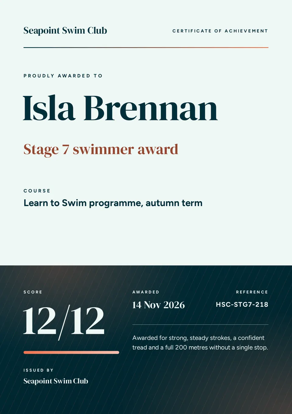 The Achievement certificate design made for a second business, with its own details and brand.