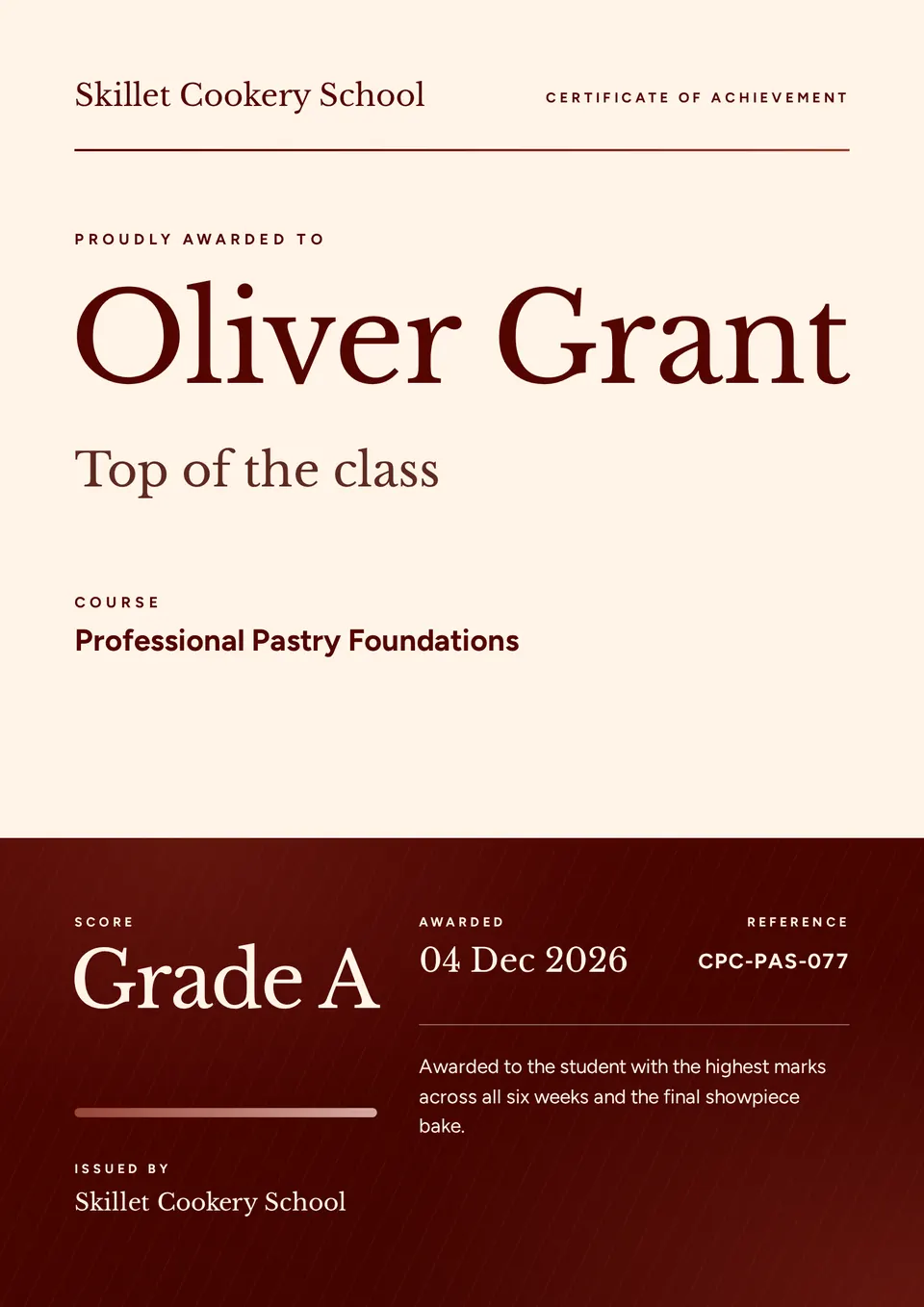 The Achievement certificate design made for a third business, with its own details and brand.