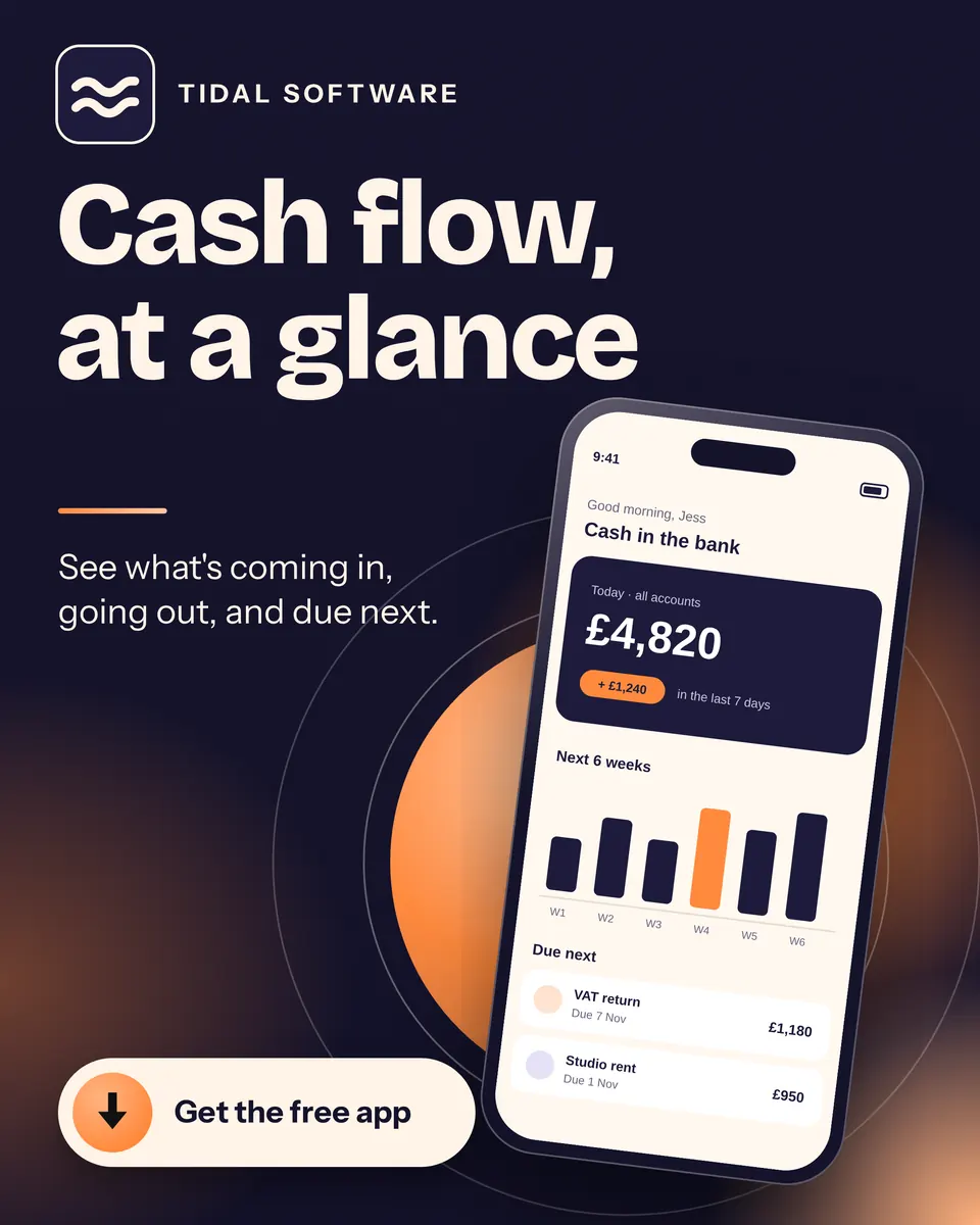 A tall app ad for Tidal Software, with a big headline, a tilted phone showing a cash flow screen over an orange glow and rings, and a download button.