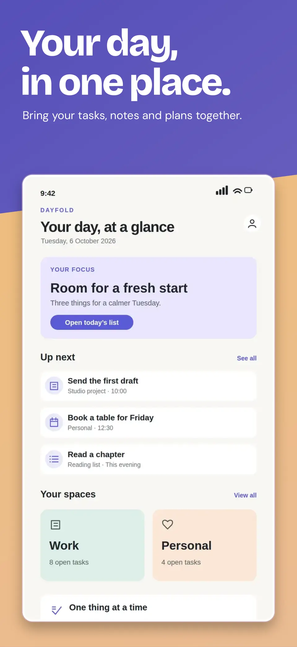 Dayfold app screens with bold white headlines and angled violet and apricot backgrounds.