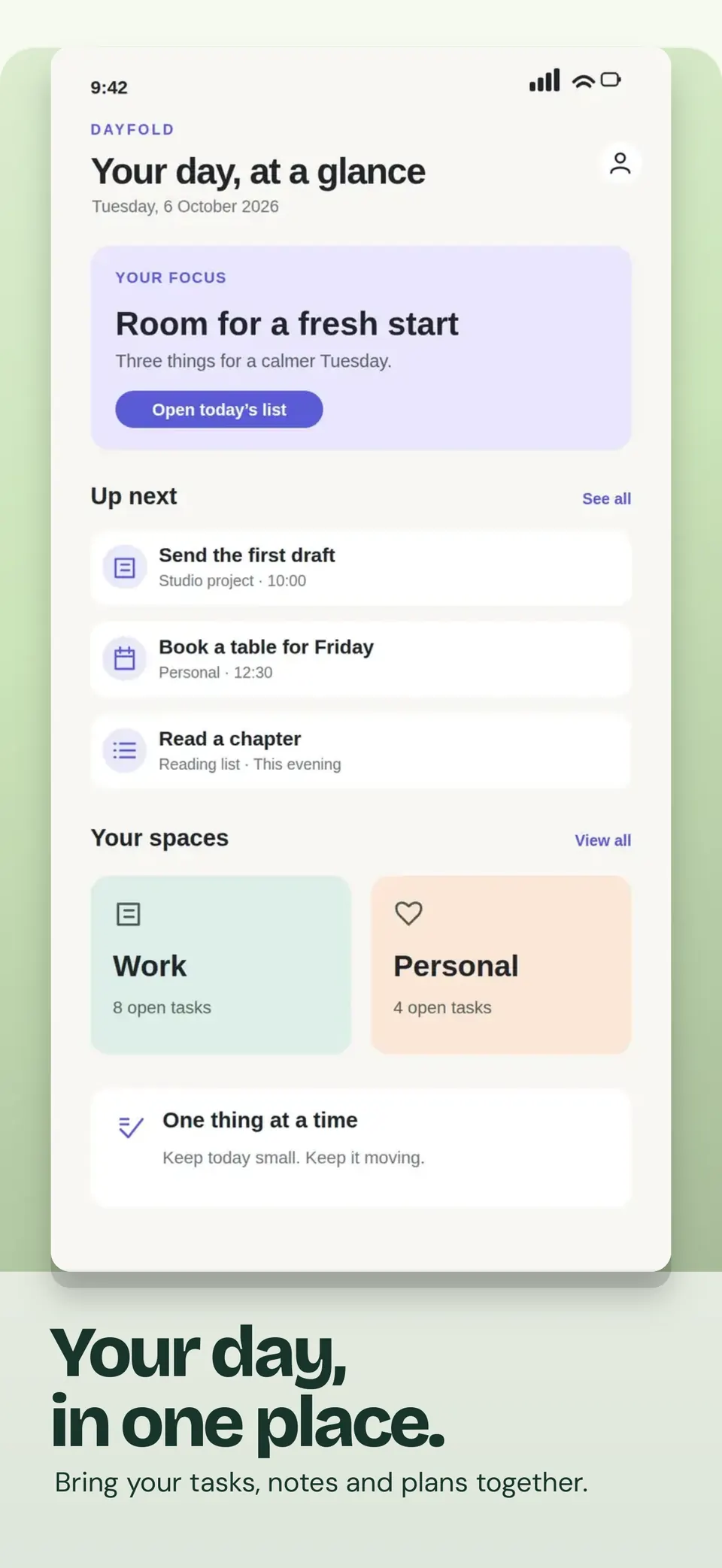Large Dayfold app screens and feature close-ups with dark green headlines and mint backgrounds.