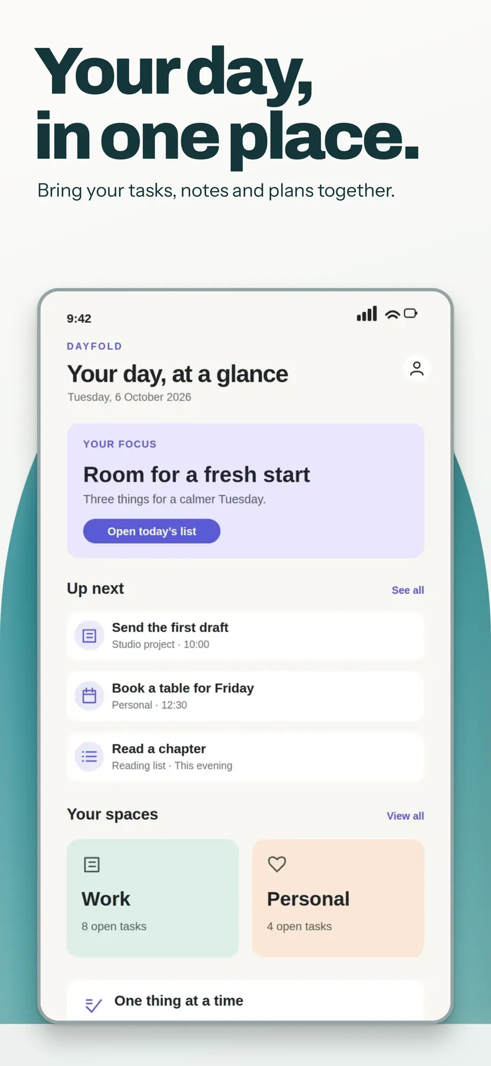 Dayfold app screens with bold headlines and curved teal backgrounds.