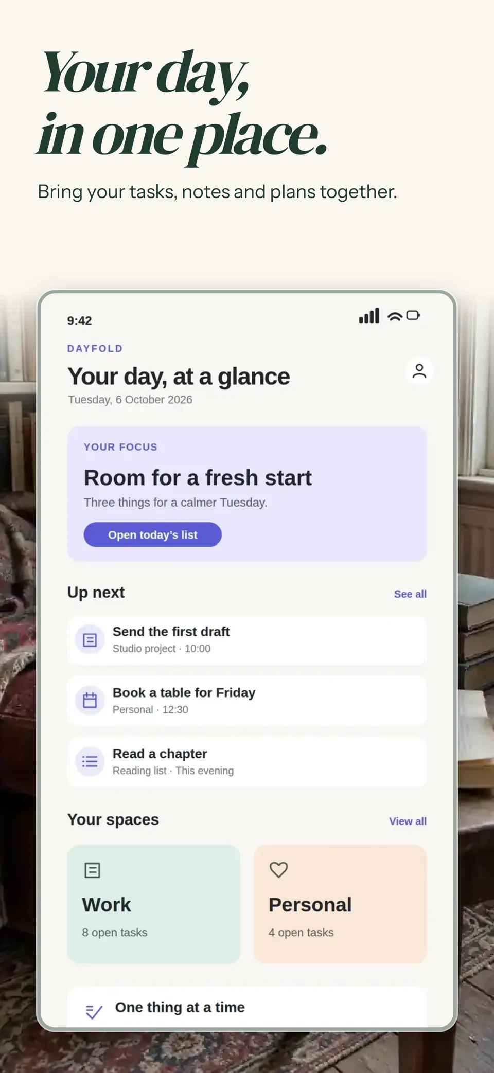 Dayfold app screens over a reading-room photo that fades into cream behind italic serif headlines.
