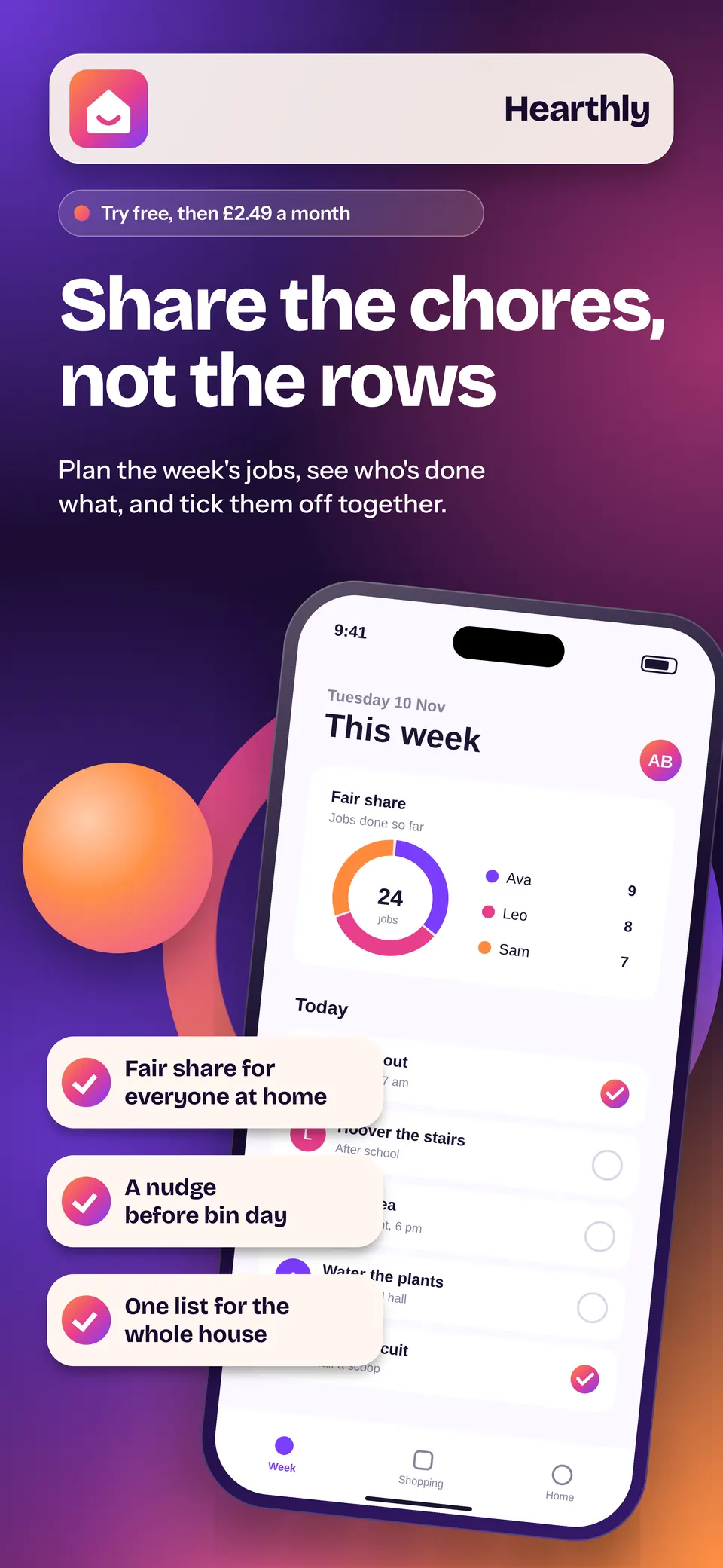 A tall app store screenshot on a violet, pink, and orange gradient, with the headline Share the chores, not the rows, a tilted phone that shows a household chores list, and three light chips with ticks that list the app's features.