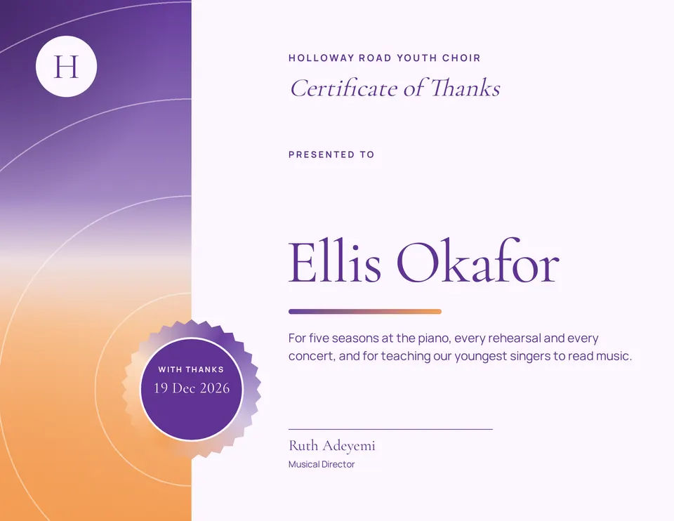 The Certificate of appreciation design made for a second business, with its own details and brand.