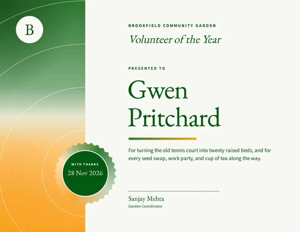 The Certificate of appreciation design made for a third business, with its own details and brand.