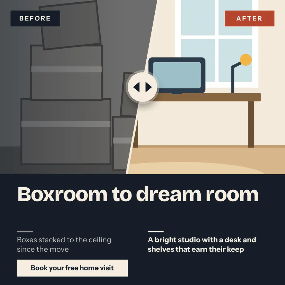 A square before and after ad for Nook and Order, with one room split by a slanted slider line, grey boxes on the Before side and a bright desk on the After side, and a bold headline on navy below.