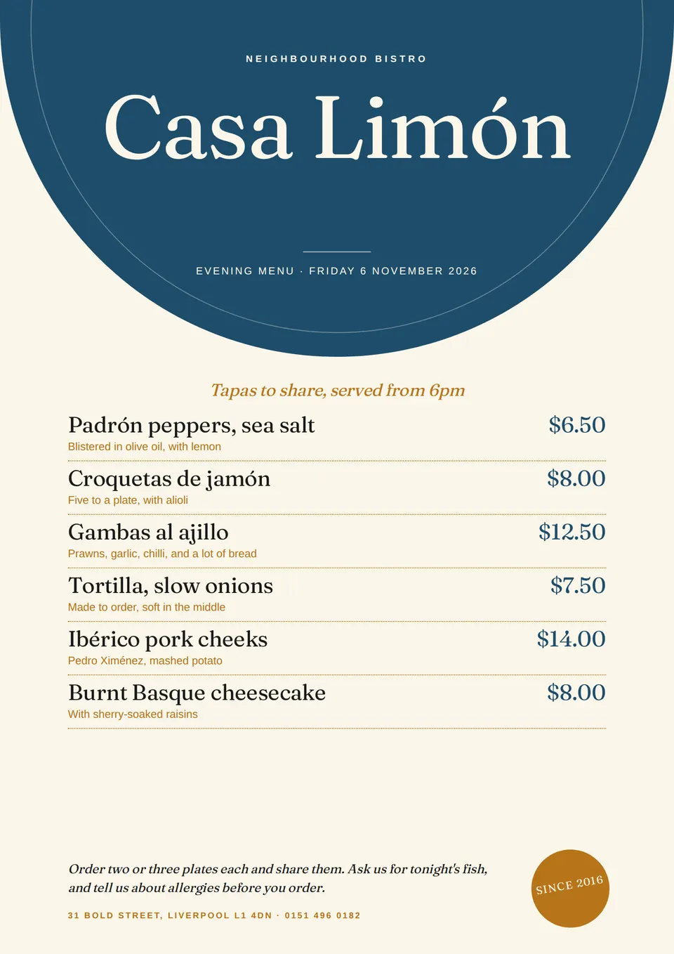 The Bistro evening menu template with another set of text, colours, and pictures.