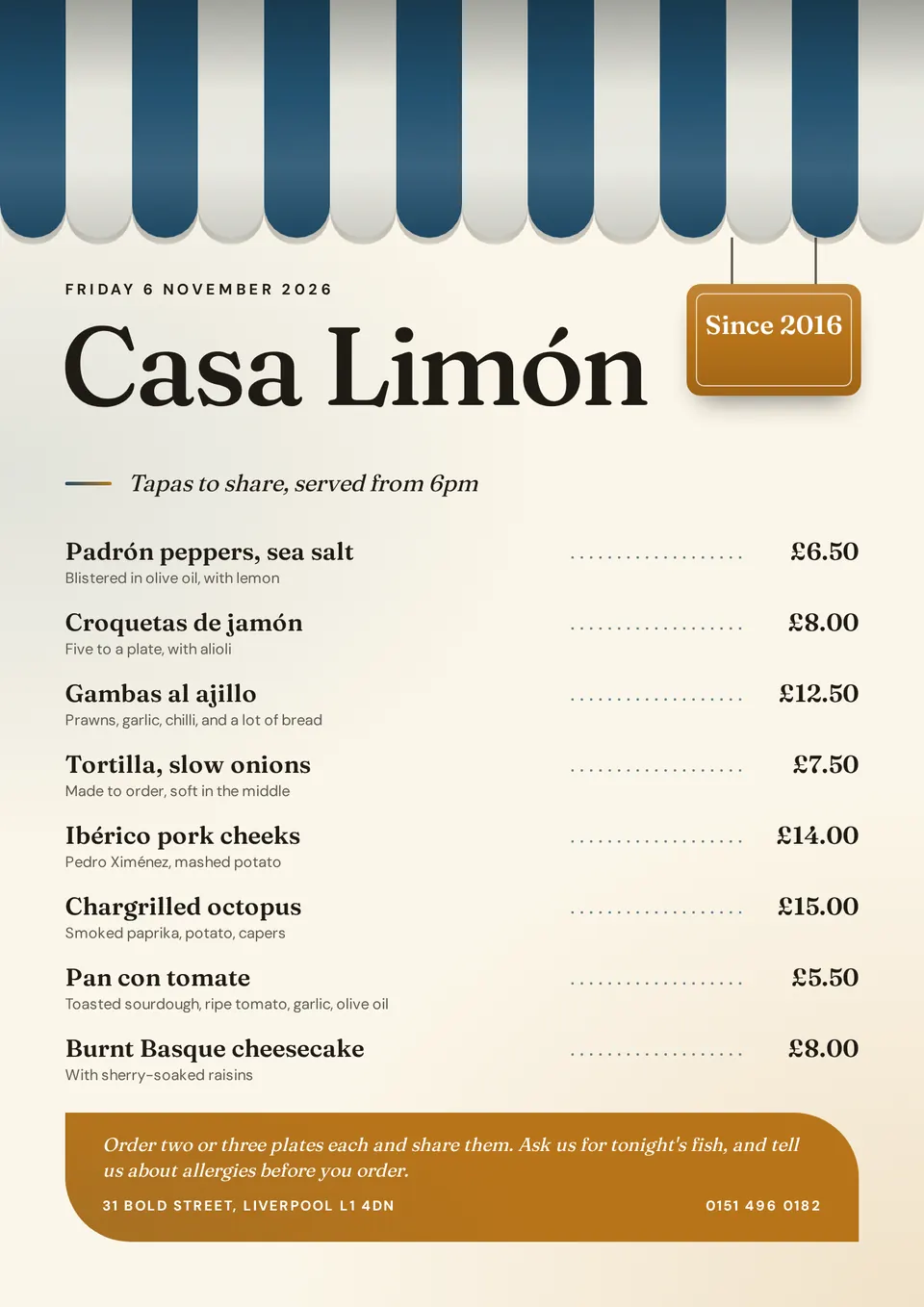 The Bistro evening menu design made for a second business, with its own details and brand.
