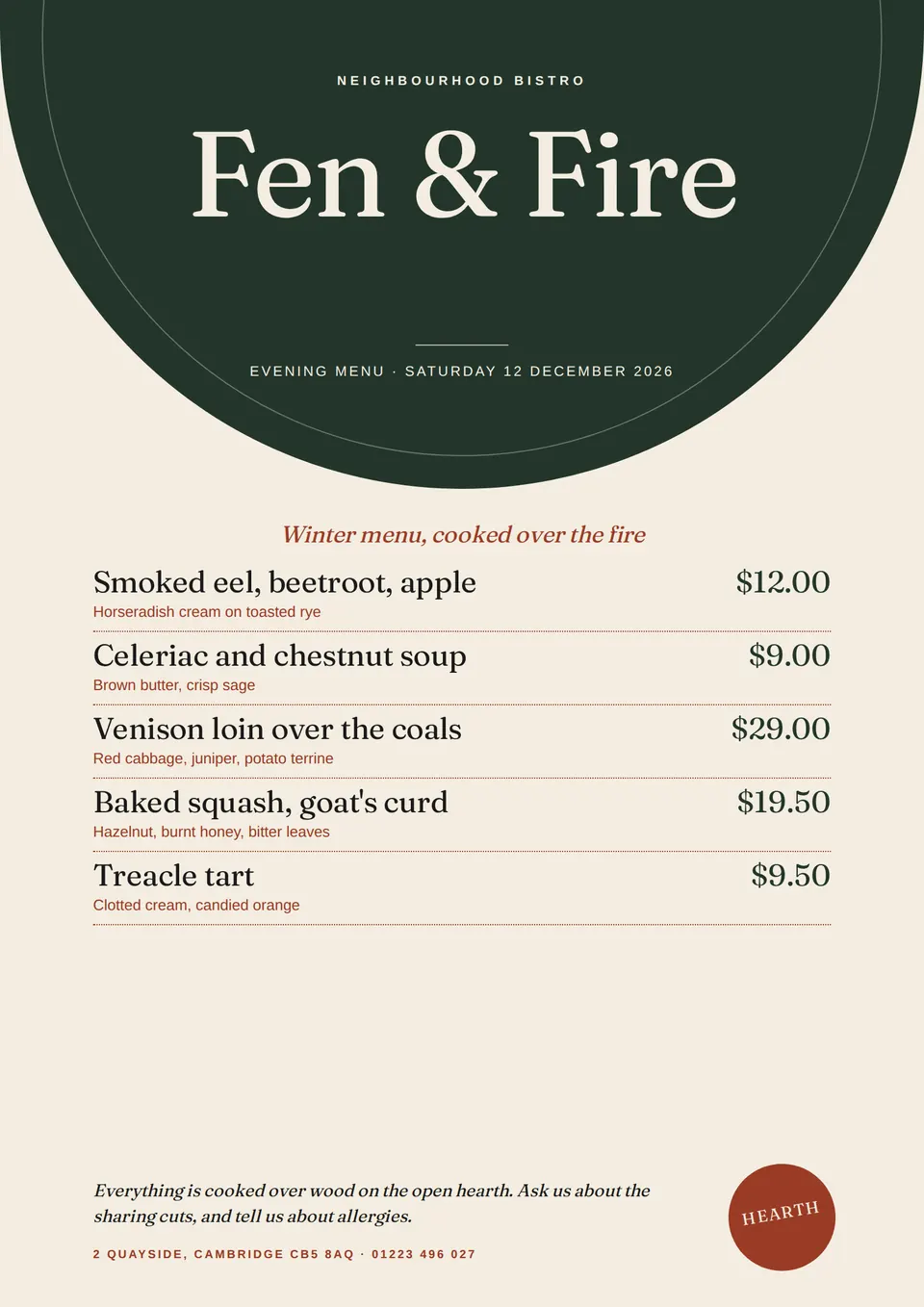 The Bistro evening menu template with another set of text, colours, and pictures.