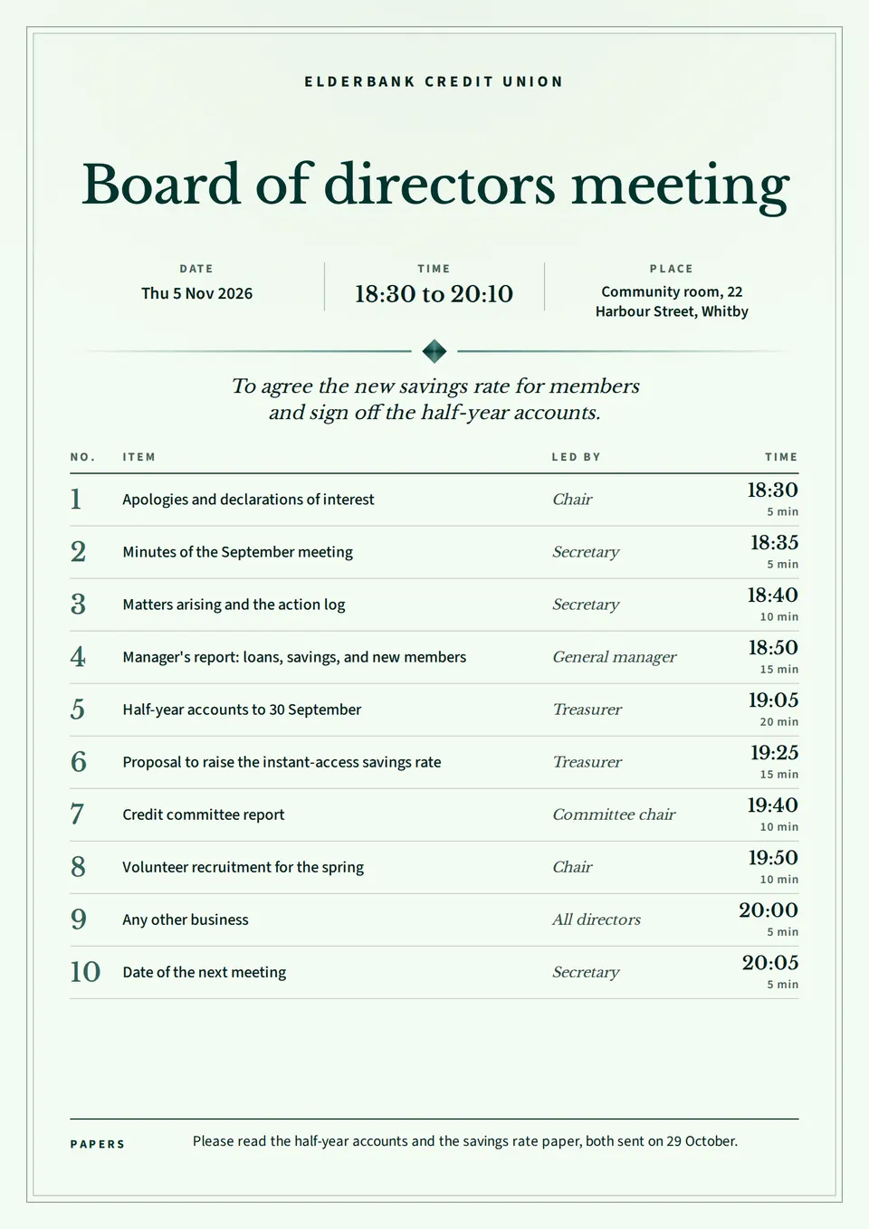 The Board meeting agenda design made for a second business, with its own details and brand.