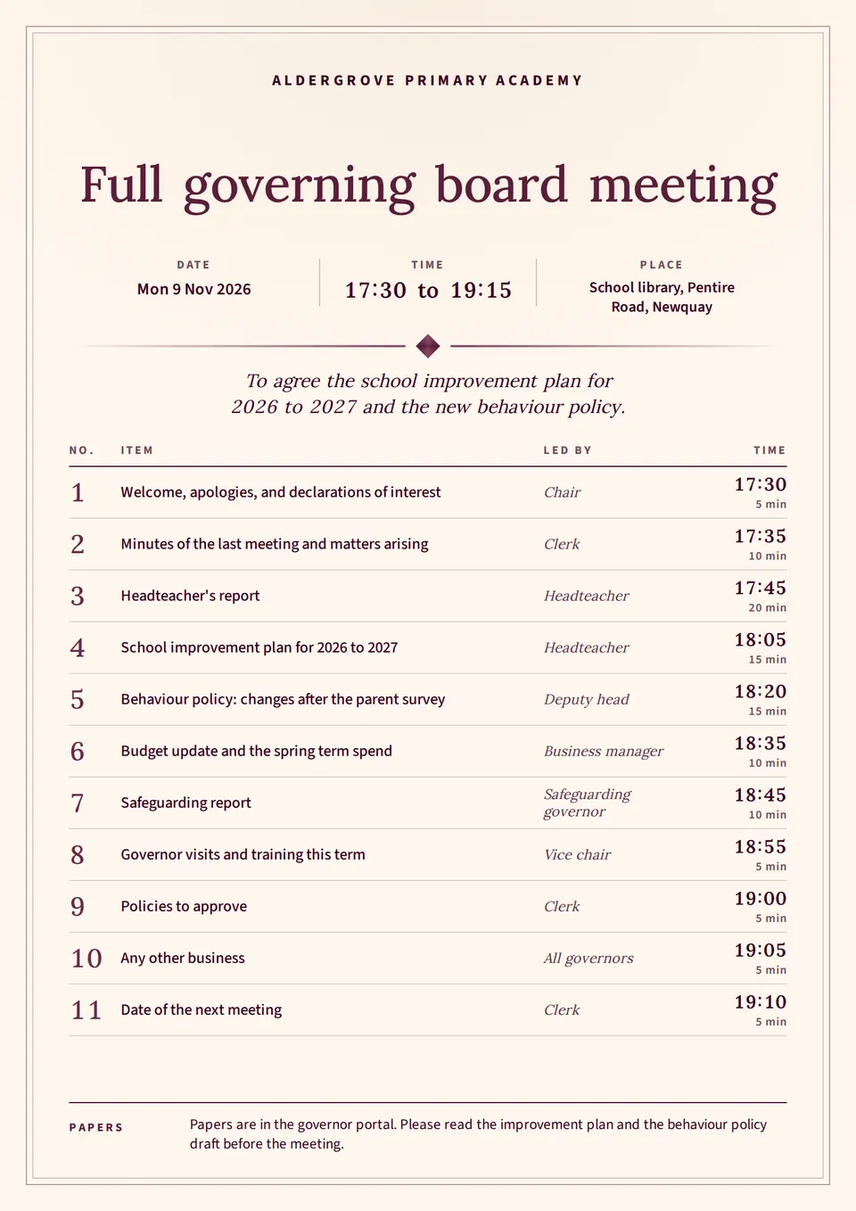 The Board meeting agenda design made for a third business, with its own details and brand.