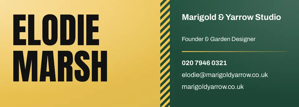 An email signature with a huge name on a yellow block, a striped seam, and contact details on a dark green panel.