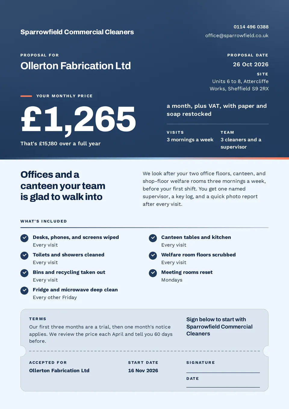 The Business proposal design made for a second business, with its own details and brand.