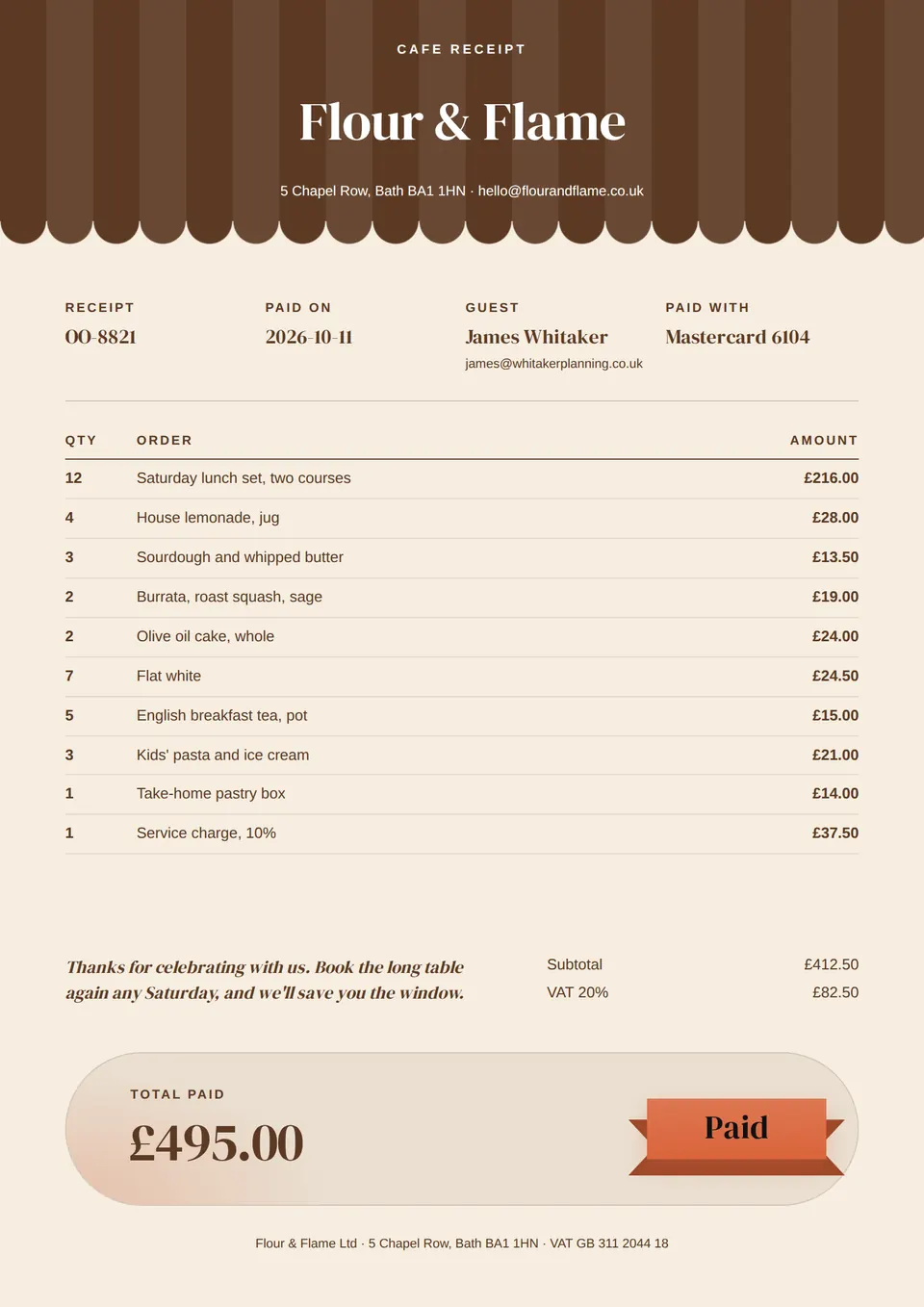 A cafe receipt with a striped awning at the top, the order list, and a Paid ribbon on the total.