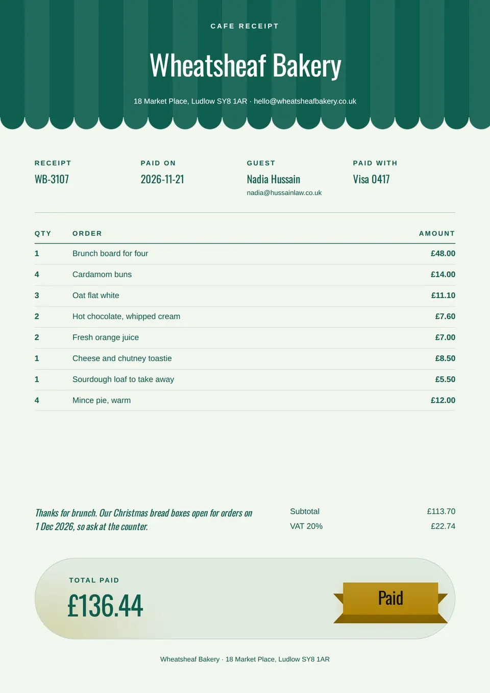 The Cafe receipt design made for a second business, with its own details and brand.