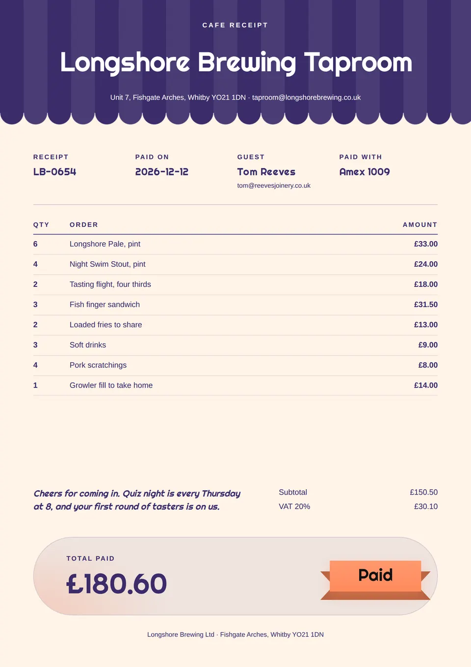The Cafe receipt design made for a third business, with its own details and brand.