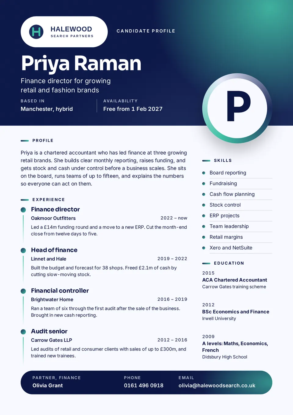 The Candidate profile design made for a third business, with its own details and brand.