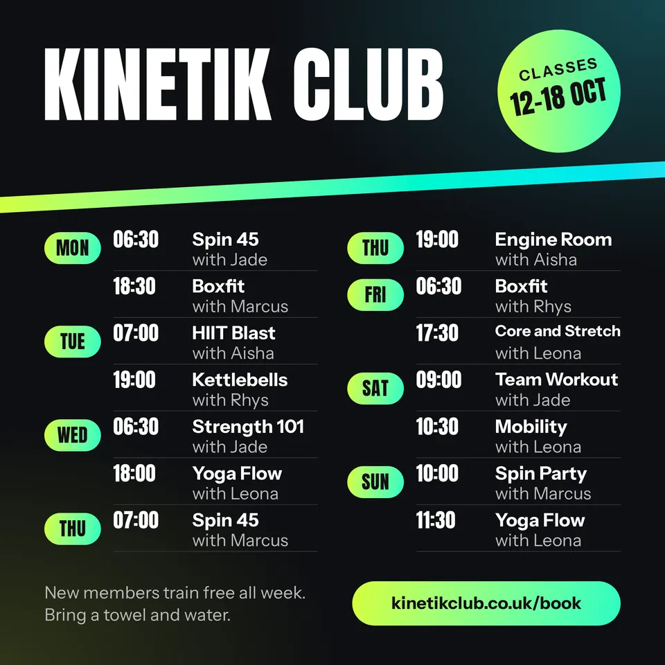 A square near-black post for Kinetik Club with a volt to cyan diagonal slash, a gradient week sticker, fourteen classes in two columns with gradient day pills, and a gradient booking button.