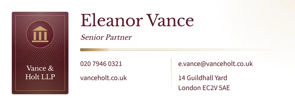 A formal law firm email signature with a burgundy seal block, fine line pattern, a pillars mark, and the partner's name and contact details.