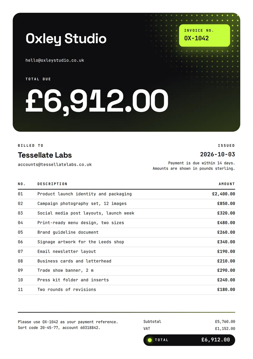 A client invoice with a dark card that shows the total in big numbers, a lime dot pattern, and a clean list of the work below.