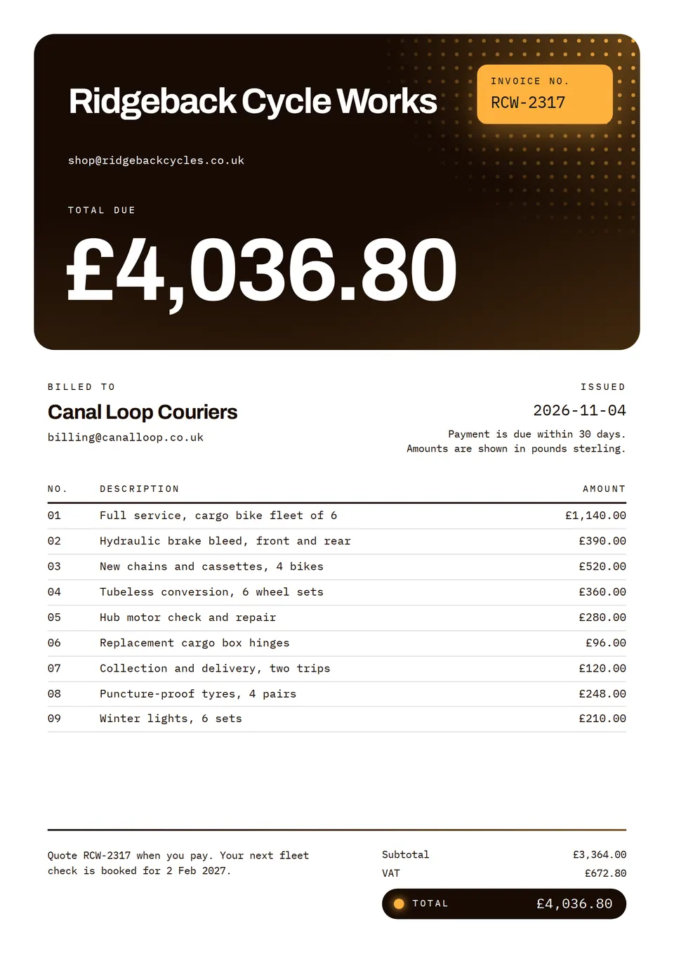 The Client invoice design made for a second business, with its own details and brand.