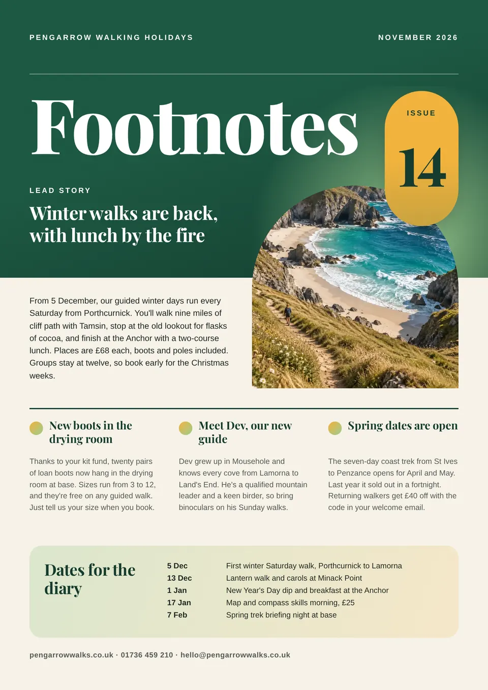 An A4 newsletter with a deep green masthead band and the big serif title Footnotes, a tall gold pill marked Issue 14, a coast path photo in an arch that crosses the band edge, three ruled story columns, and a soft green-to-gold panel of dates for the diary.