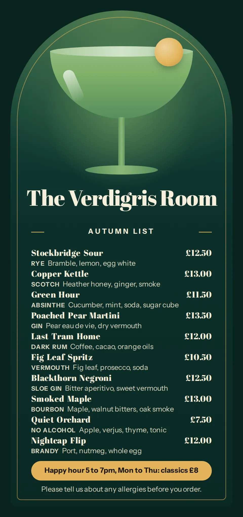 A tall DL cocktail menu for The Verdigris Room in deep green, with a glowing arch, a green coupe glass with a gold garnish, the Autumn list of ten drinks with spirits and prices, and a gold happy hour band.