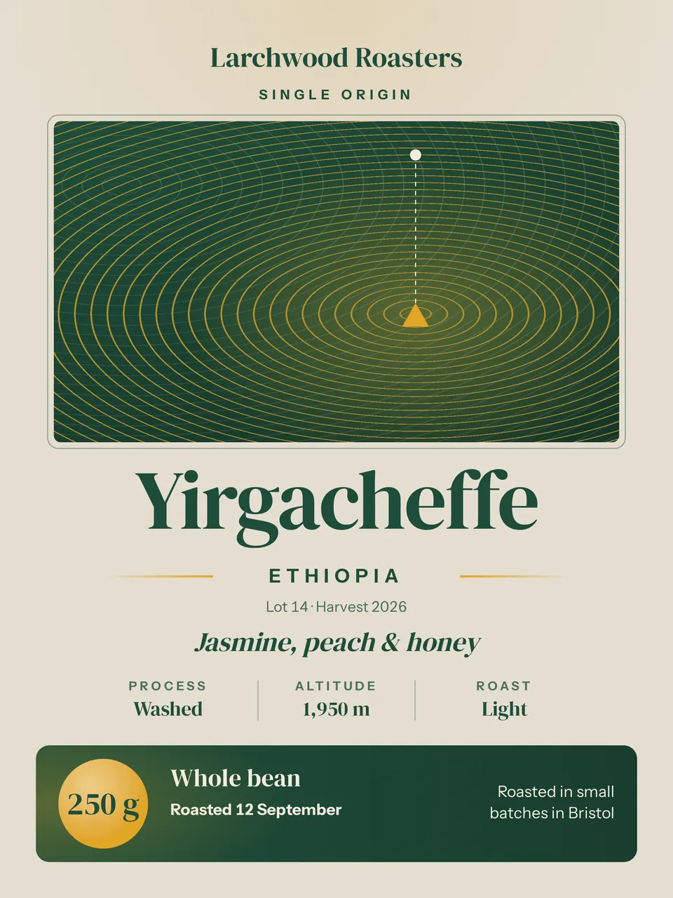A coffee bag label for Larchwood Roasters, with a green contour map panel that marks the peak, a big Yirgacheffe title, three coffee facts, and a green band with the 250 g weight.