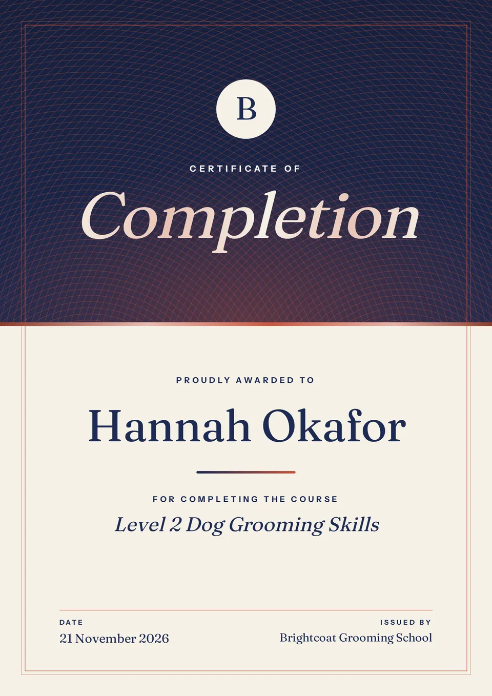 The Portrait course certificate design made for a second business, with its own details and brand.
