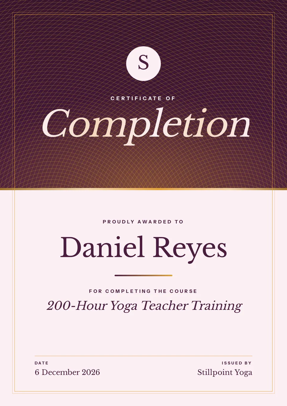 The Portrait course certificate design made for a third business, with its own details and brand.