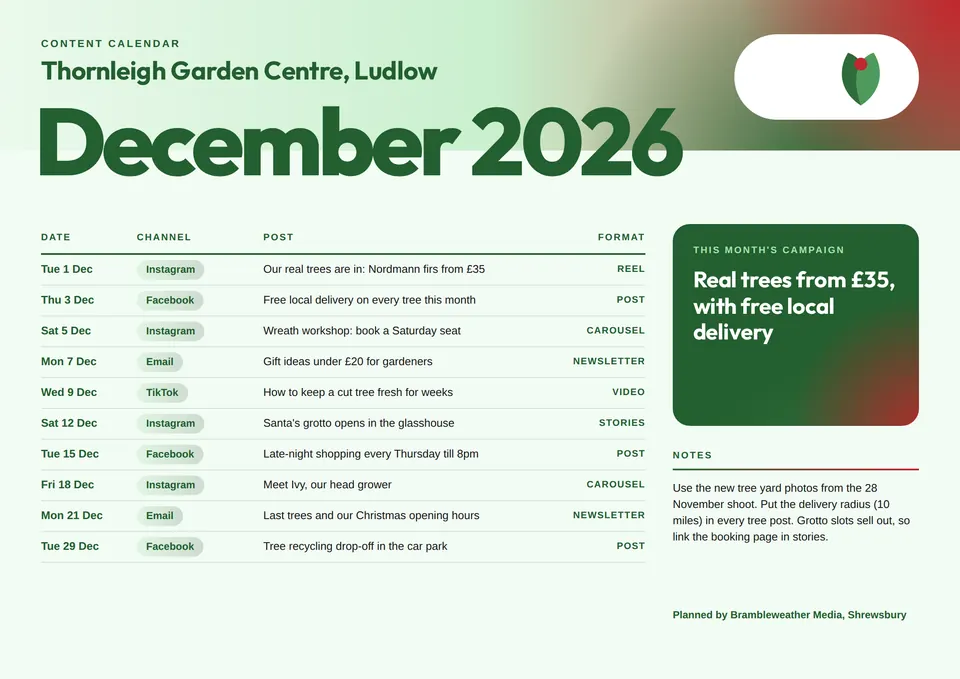 The Content calendar design made for a second business, with its own details and brand.