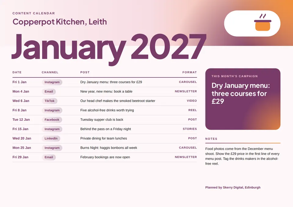 The Content calendar design made for a third business, with its own details and brand.
