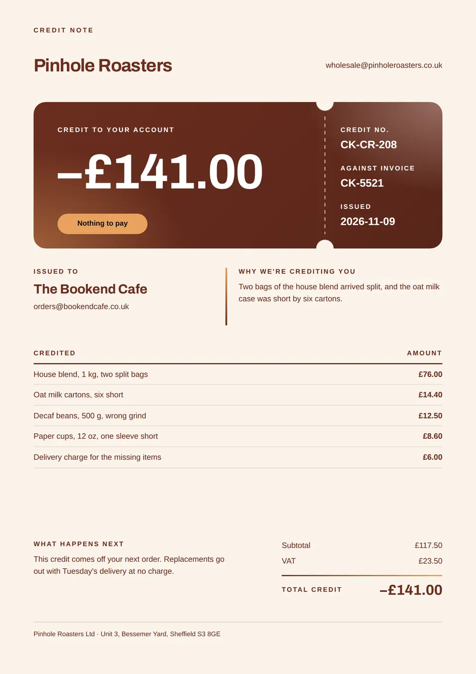 The Credit note design made for a second business, with its own details and brand.