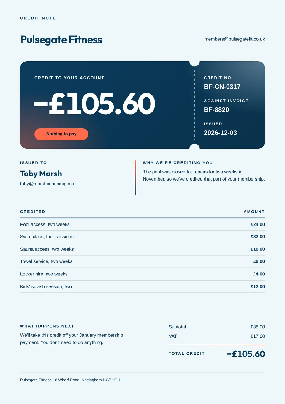 The Credit note design made for a third business, with its own details and brand.