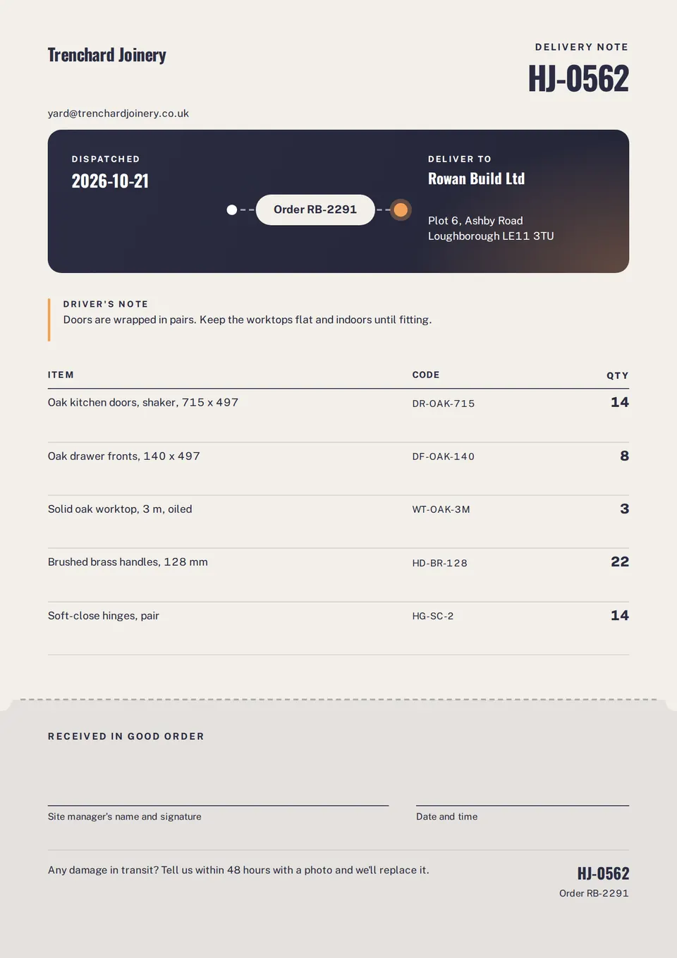 The Delivery note design made for a second business, with its own details and brand.