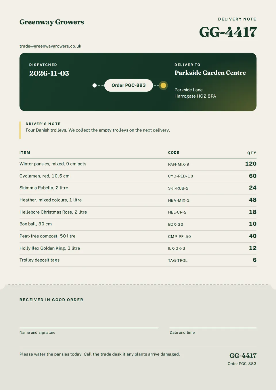 The Delivery note design made for a third business, with its own details and brand.