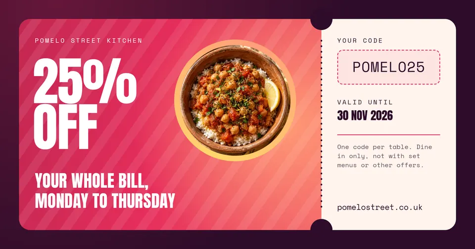 A wide coupon shaped like a ticket with real notches and a dotted tear line, a cherry-to-peach striped side with 25% OFF in huge white type and a round photo of a chickpea curry, and a cream stub with the code POMELO25 in a dashed box.