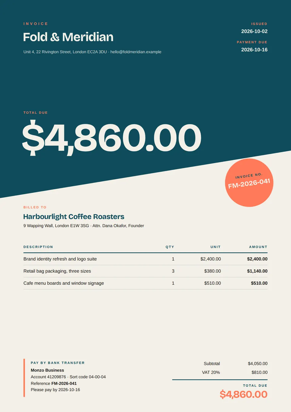 An A4 invoice with a deep-teal block cut on a diagonal, Fold & Meridian top-left, a huge cream total, a tilted coral disc holding the invoice number, then a cream section with a billed-to block, a four-column line-item table, a coral total, and a payment box.