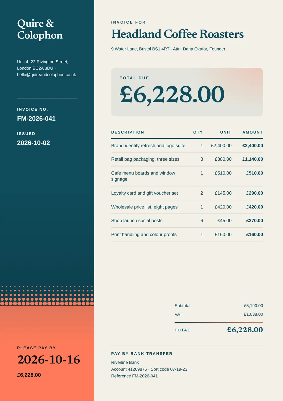 A magazine-style invoice with a dark side panel, a halftone block with the pay-by date, and the total due in large serif type.