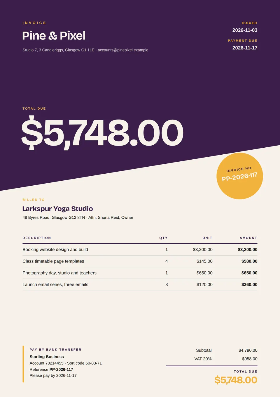 The Design studio invoice template with another set of text, colours, and pictures.