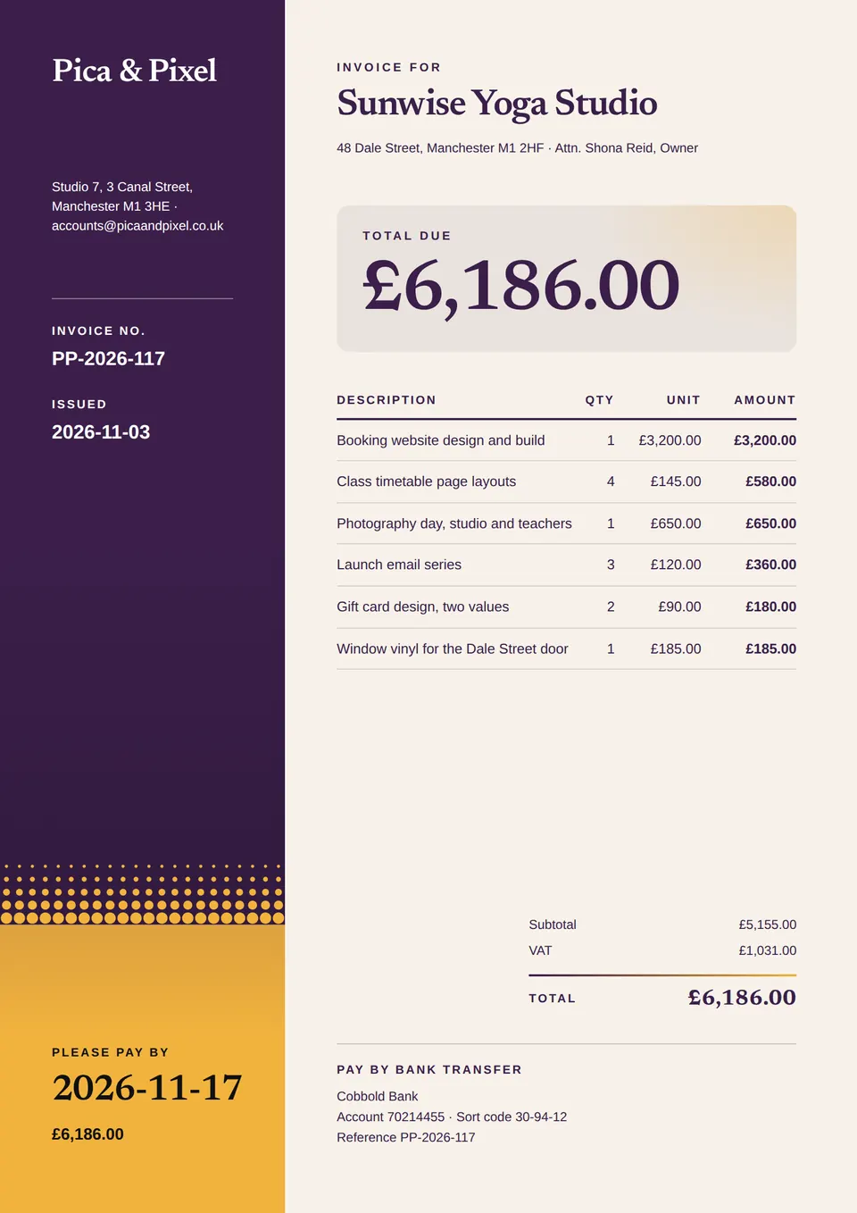 The Design studio invoice design made for a second business, with its own details and brand.
