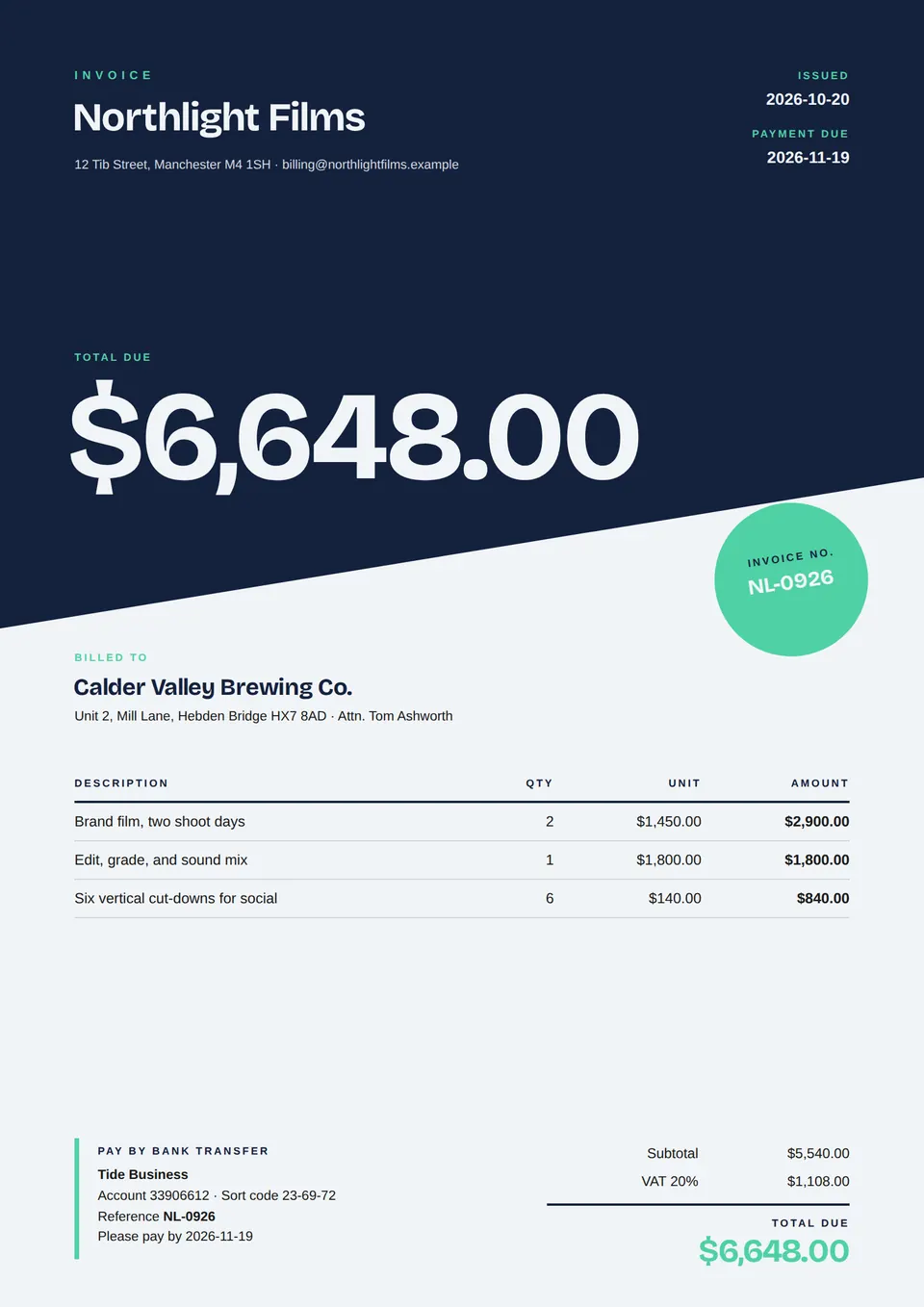 The Design studio invoice template with another set of text, colours, and pictures.