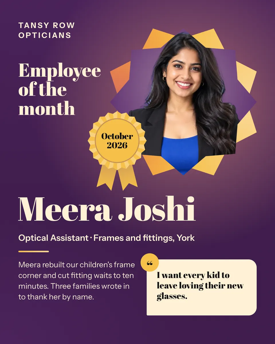 A tall plum social post with a smiling woman in a blazer inside a gold eight-point star, a gold rosette for October 2026, the name Meera Joshi in large cream serif type, and her quote in a cream speech bubble.