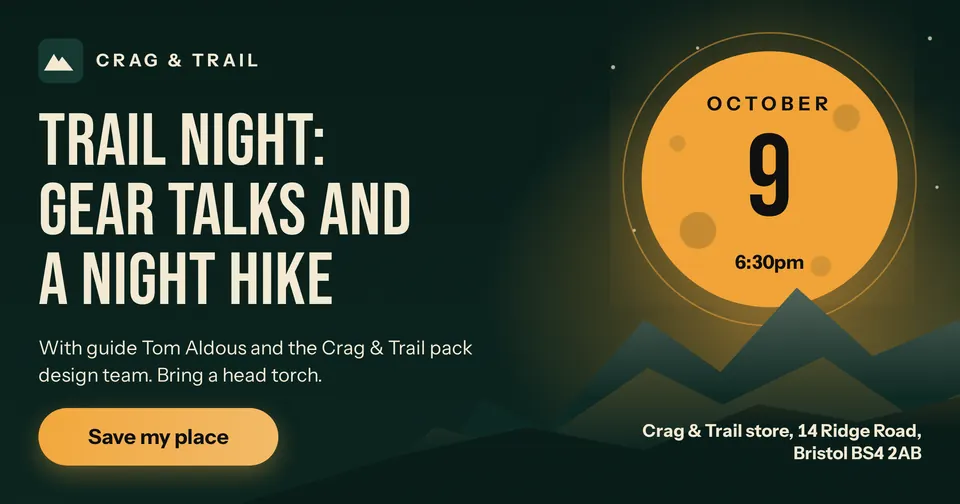 A wide night-hike invite with a big amber moon that holds the date, green mountain ridges, a tall event name, and a Save my place button.