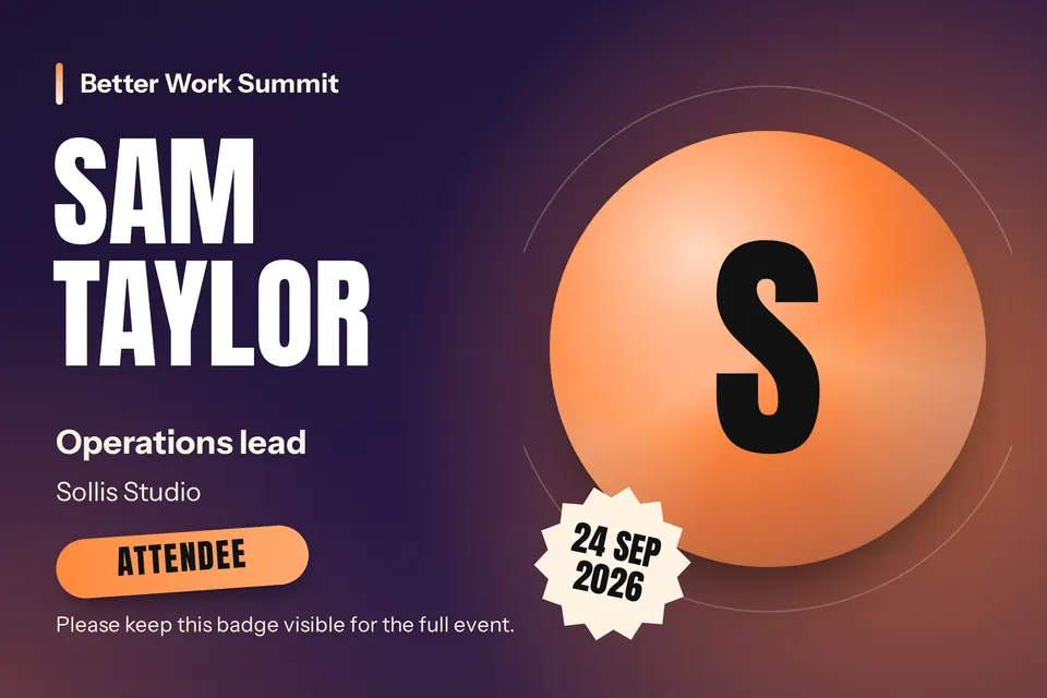 A digital event badge with the attendee's name in large white letters, their role and company, and a large orange disc with their first initial.