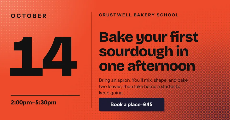 A wide sourdough class ad on bright orange with halftone dots, a huge 14 for the October date, a big title, and a dark Book a place button.