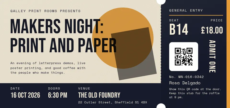 An event ticket with overlapping print-style shapes behind the event name, a dark date and venue strip, and a dark tear-off stub with the seat, price, and a QR code.