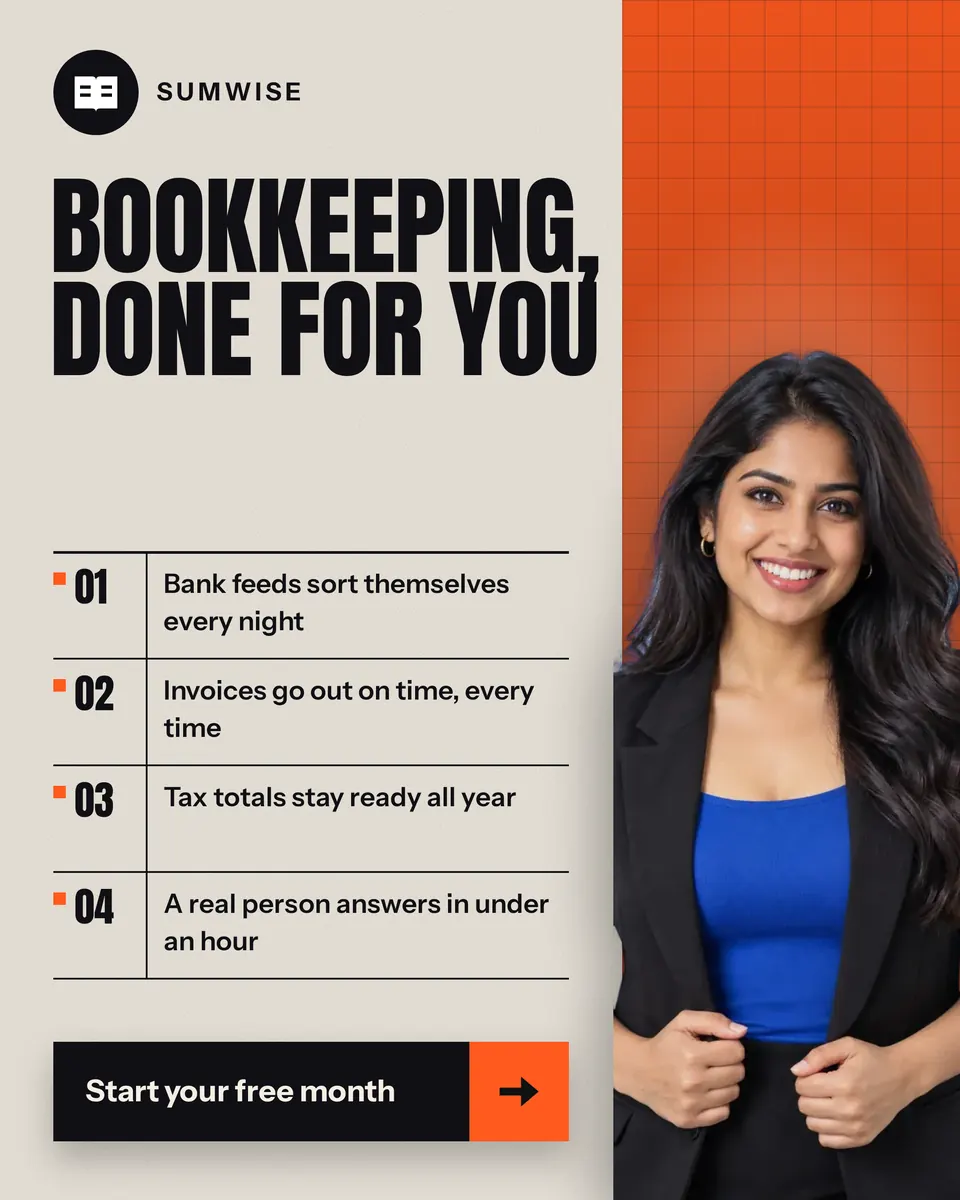 A tall ad for Sumwise, with a big black headline on cream, four features in a ruled ledger with numbers, and a smiling woman in front of an orange graph-paper column.